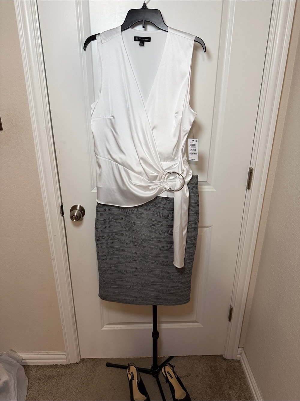 White Wrap Blouse with Gray Pencil Skirt by Worthington